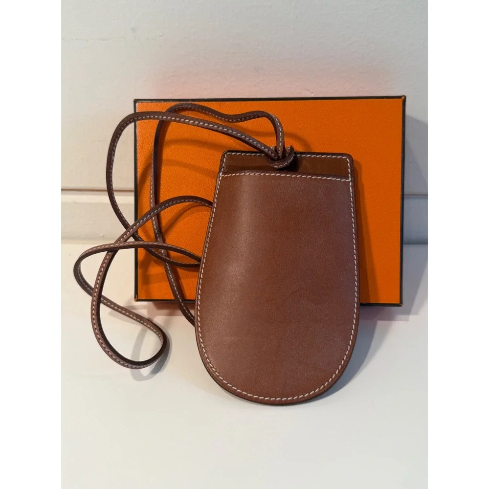 Hermes‎ In-the-Loop Phone Holder Brown Leather Neck Strap Case Made in France